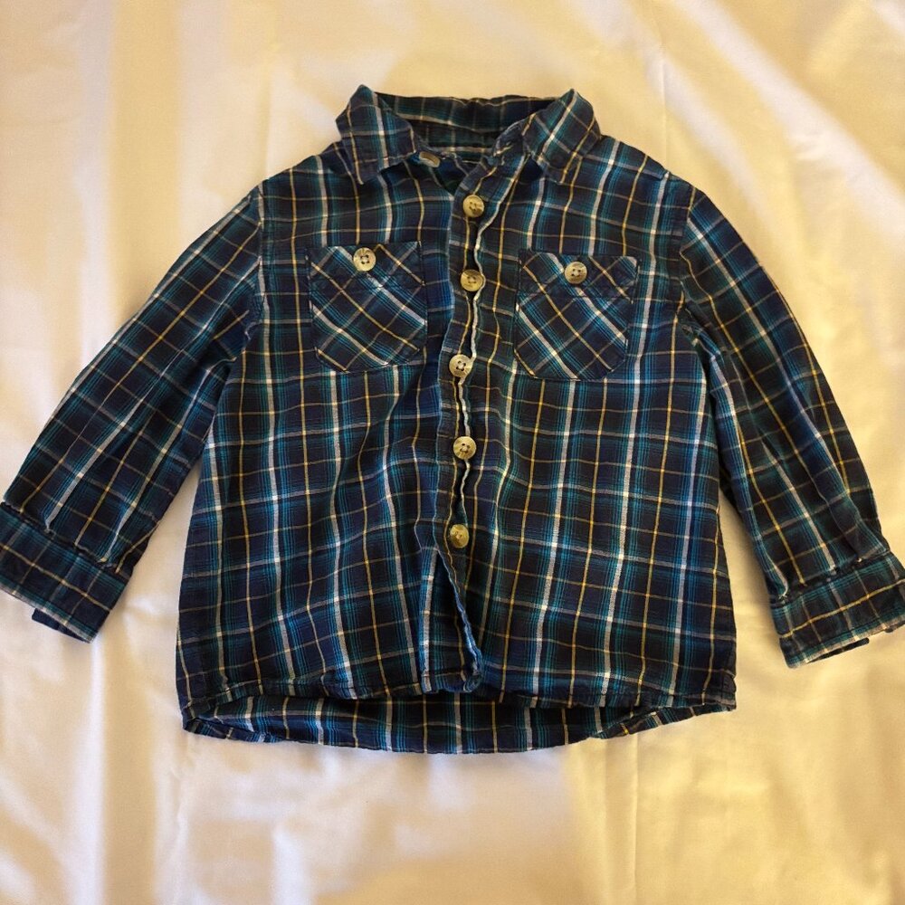 Cherokee 18 months long sleeve blue, white & yellow plaid button up